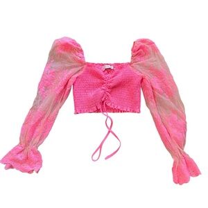 O. Vianca Lace Sheer poof long sleeves Cropped Smocked Bodice Y2K Coquette Top S